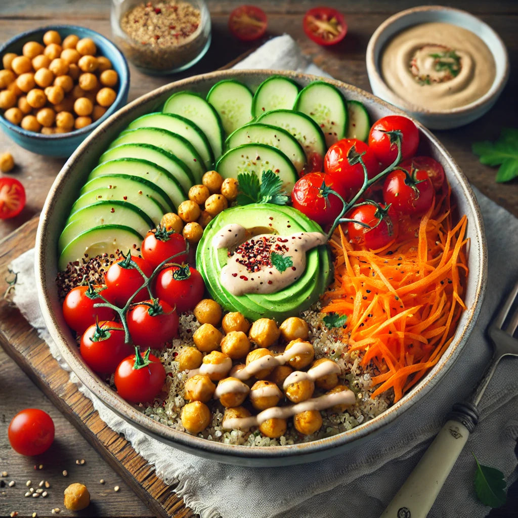 Vegan Buddha Bowl with Chickpeas, Quinoa, and Tahini Dressing