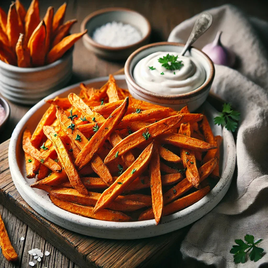 Air-Fried Sweet Potato Fries with Garlic Aioli