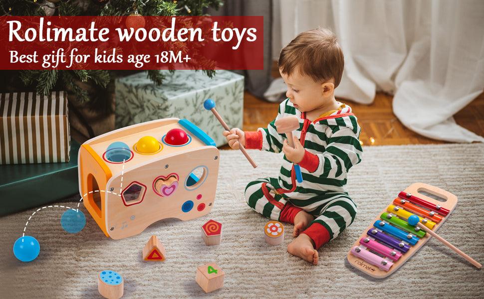 This Rolimate Wooden Learning Hammering & Pounding Toys + 8 Notes Xylophone + Shape Color Recognition is the best gift for toddlers! - 4aKid